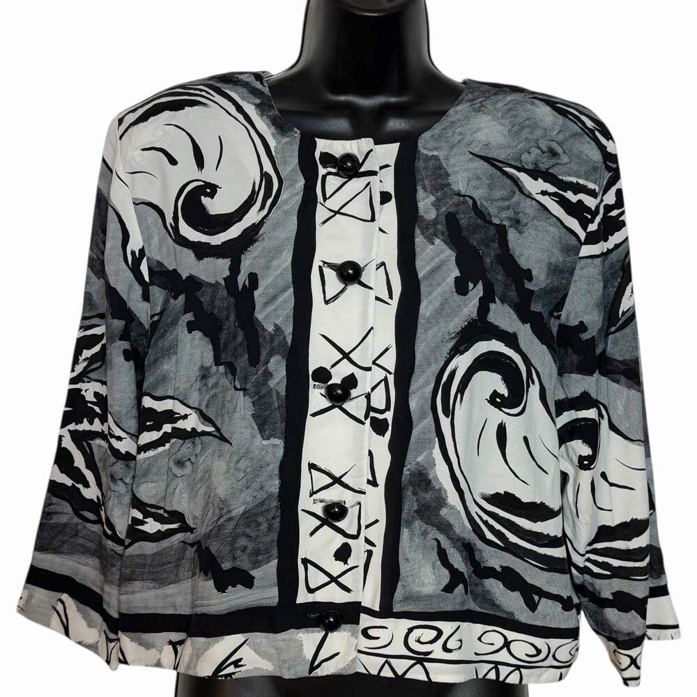 Vtg 80s 90s Abbey Lane Rayon Cropped Blazer Abstract Novelty Print Jacket Sz 16